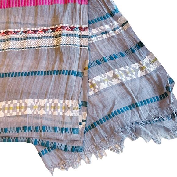 Rectangle Scarf Boho Embroidered Lightweight Gauze Gray Multicolor Trims Raw Hem - Picture 6 of 7